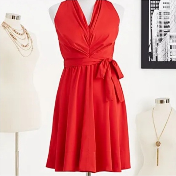 Eva Mendes New York & Co Dress Red Sleeveless v neck pleats size 4 elastic waist - Picture 1 of 16